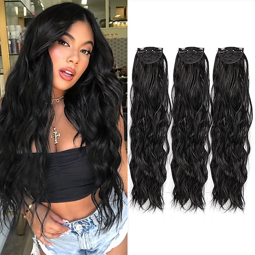 

3pcs/Set Thick Hair Clip in Synthetic Hair Extensions Wavy Hairpieces for Women Girl 18 inches Full Head