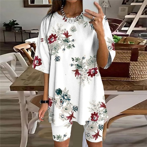 

Women's Loungewear Sets Nighty 2 Pieces Flower Fashion Comfort Home Bed Polyester Crew Neck Half Sleeve T shirt Tee Shorts Spring Summer Rainbow White