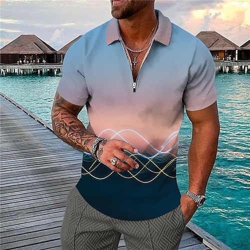 

Men's Collar Polo Shirt Golf Shirt Gradient Turndown Blue Pink Yellow Rainbow 3D Print Casual Daily Short Sleeve Zipper Print Clothing Apparel Fashion Designer Casual Breathable / Sports