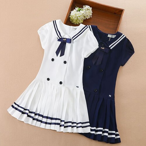 

Kids Girls' Dress Striped A Line Dress Asymmetrical Dress Daily Patchwork Cotton Short Sleeve Cute Dress 3-10 Years Spring Royal Blue White