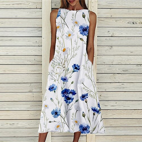 

Women's Casual Dress Midi Dress White Sleeveless Floral Pocket Spring Summer Crew Neck 2022 S M L XL XXL 3XL