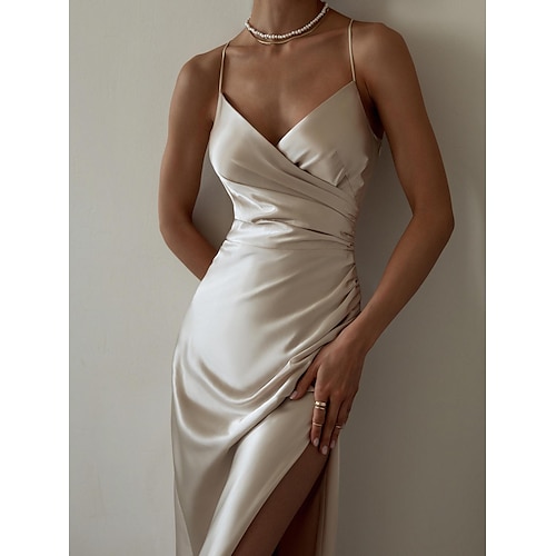 Women's Satin Dress Midi Dress Champagne Sleeveless Pure Color Split Ruched Spring Summer V Neck Stylish Elegant Sexy 2022 S M L XL, lightinthebox  - buy with discount