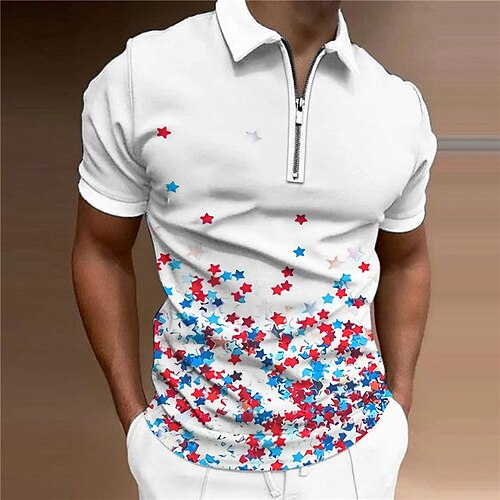 

Men's Collar Polo Shirt Golf Shirt Star Turndown White 3D Print Casual Daily Short Sleeve Zipper Print Clothing Apparel Fashion Designer Casual Breathable / Sports