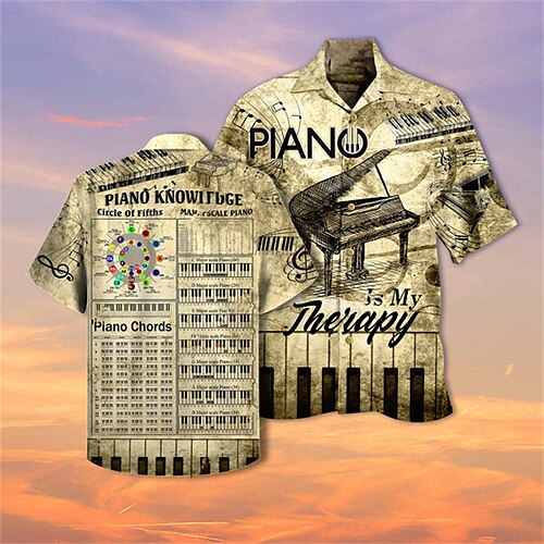 

Men's Shirt 3D Print Pano Keys Turndown Street Daily 3D Button-Down Short Sleeve Tops Casual Fashion Comfortable Beach Light Brown