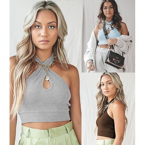 

Women's Tank Top Plain Holiday Going out Club Tank Top Sleeveless Cut Out Halter Neck Basic Sexy Y2K Green Blue Gray S