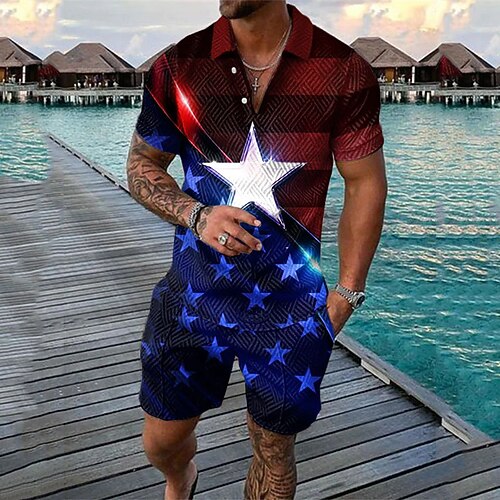 

Men's Collar Polo Shirt Shirt Set Star Turndown Blue Print Street Daily Short Sleeve Zipper Print Clothing Apparel Fashion Casual Comfortable / Beach
