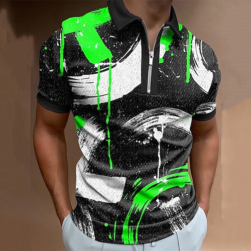 

Men's Collar Polo Shirt Golf Shirt Graffiti Turndown Black 3D Print Street Daily Short Sleeve Zipper 3D Clothing Apparel Fashion Casual Breathable Comfortable / Beach
