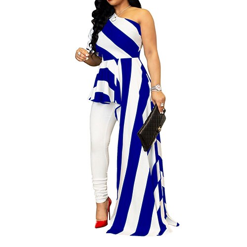 

Women's Plus Size Party Dress Striped One Shoulder Print Short Sleeve Fall Winter Sexy Prom Dress Maxi long Dress Party Going out Dress
