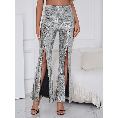 

Women's Flare Chinos Pants Trousers Bell Bottom Silver Beige Mid Waist Fashion Casual Weekend Sequins Split Micro-elastic Full Length Comfort Plain S M L