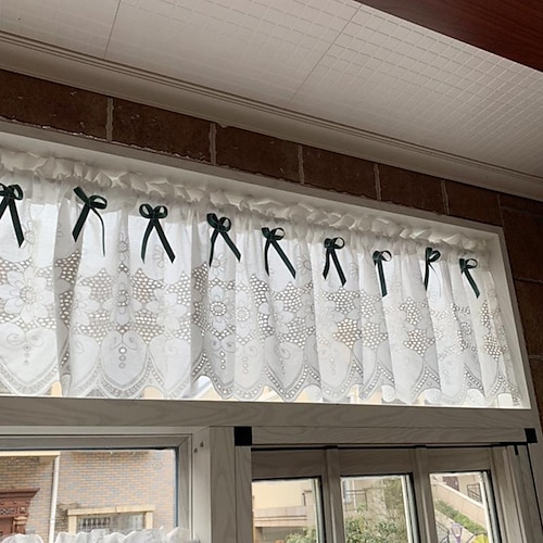 

Kitchen Cabinet Curtain Rod Pocket White sheer Valance Farmhouse Flower Short Cafe Curtain for Bathroom Hotel Cafe Bar Spring Watercolor Flower Floral Print