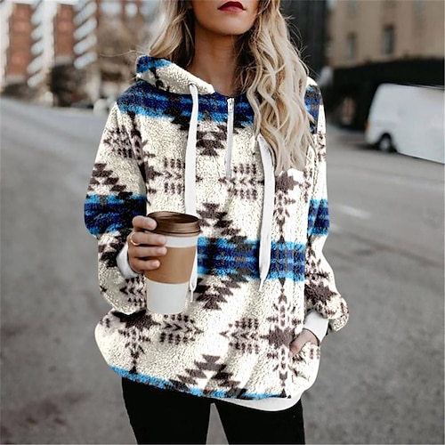 

Dame Pullover-hættetrøje Sherpa Fleece Lomme Trykt mønster Hvid Vin Rød Geometrisk Camouflage Afslappet Hætte Langærmet