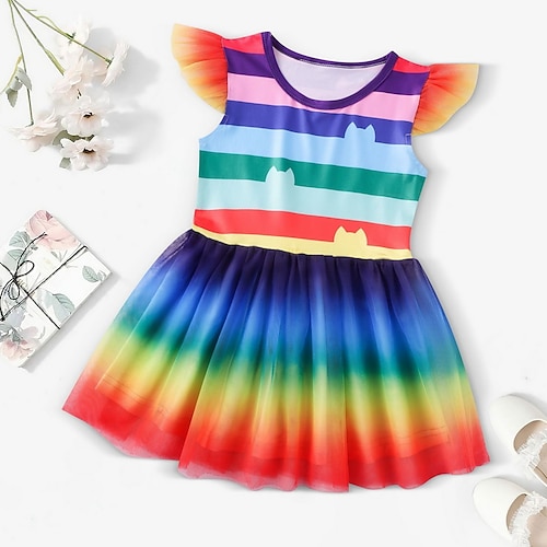 

Infantil Para Meninas Vestido Arco-Íris Manga Curta Aniversário Vestido de batizado Franzido Com Transparência Estilo bonito Princesa Algodão Altura dos Joelhos Vestido A Line Vestido De Tule Verão