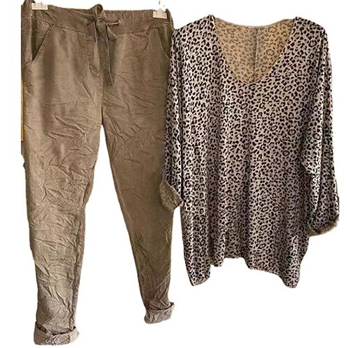 

Women's Loungewear Sets Nighty 2 Pieces Leopard Fashion Comfort Home Street Polyester V Wire Long Sleeve Pant Fall Spring Brown