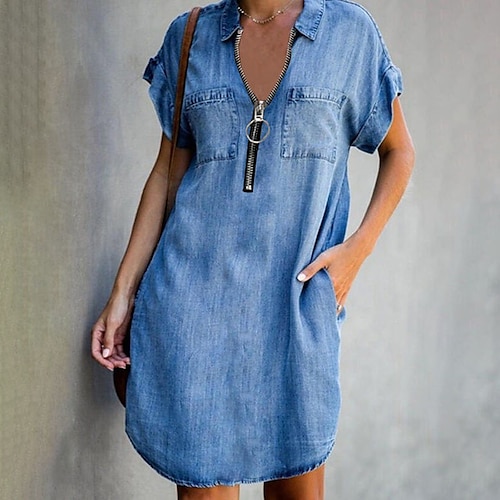 

Women's Denim Dress Shirt Dress Casual Dress Midi Dress Daily Vacation Going out Cotton Denim Stylish Casual Shirt Collar Zipper Pocket Short Sleeve Summer Spring Fall 2023 Regular Fit Blue Pure Color