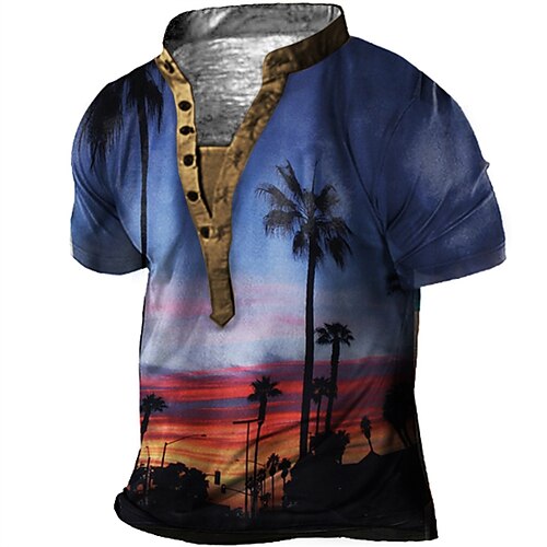 

Men's Henley Shirt Tee T shirt Tee 3D Print Graphic Patterned Landscape Plus Size Stand Collar Daily Sports Button-Down Print Short Sleeve Tops Designer Basic Casual Big and Tall Blue / Summer