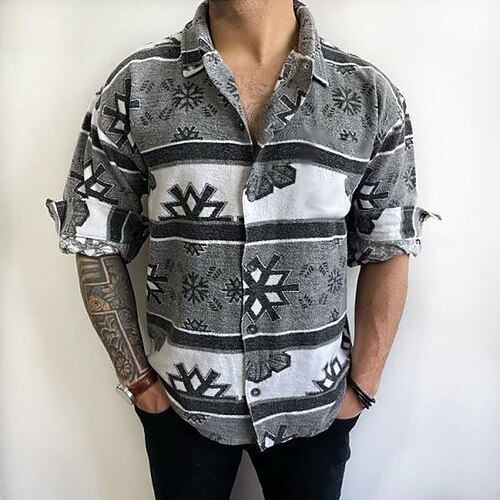 

Men's Shirt Snowflake Turndown Street Casual Button-Down Long Sleeve Tops Casual Fashion Comfortable Beach Black / Gray