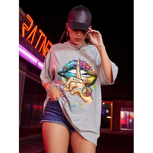 

spot goods! amazon wish ebay new european and american cross-border color mouth short-sleeved t-shirt women's summer top