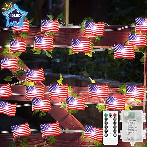 

American Flag Lights 4m/10ft with Timer 40LEDs String Lights for 4th of July Independence Day Decor Remote Control 8 Modes Battery Operated Dimmable for Patriotic Christmas Decoration