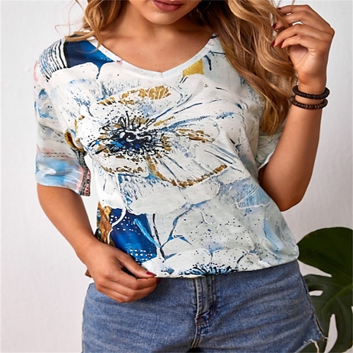 

Damen T Shirt Weiß Blume Kurzarm Täglich Vintage V Ausschnitt Standard Lockere Passform S