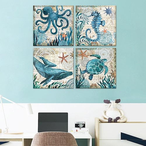 

4 Panels Marine Life Prints Posters/Picture Octopus Seahorse Decorative Modern Wall Art Wall Hanging Gift Home Decoration Rolled Canvas No Frame Unframed Unstretched Multiple Size