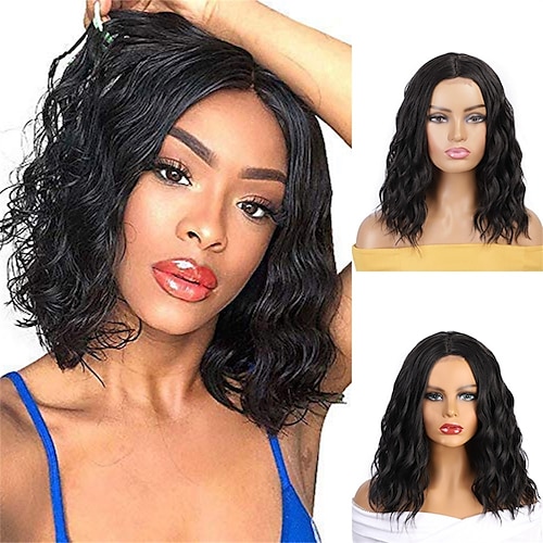 

Top Quality Short Wavy Bob Wigs for Black Women Middle Part Synthetic Lace Black Wigs