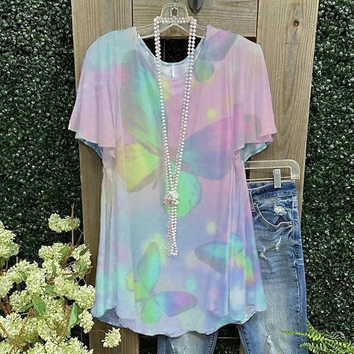 

Women's Butterfly Casual Weekend Butterfly Painting T shirt Tee Short Sleeve Print Round Neck Basic Essential Tops Blue Pink S / 3D Print