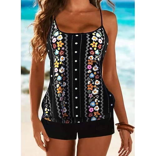 

Women's Swimwear Tankini 2 Piece Normal Swimsuit High Waisted Print Floral Print Black Padded Strap Bathing Suits Sports Vacation Sexy / New