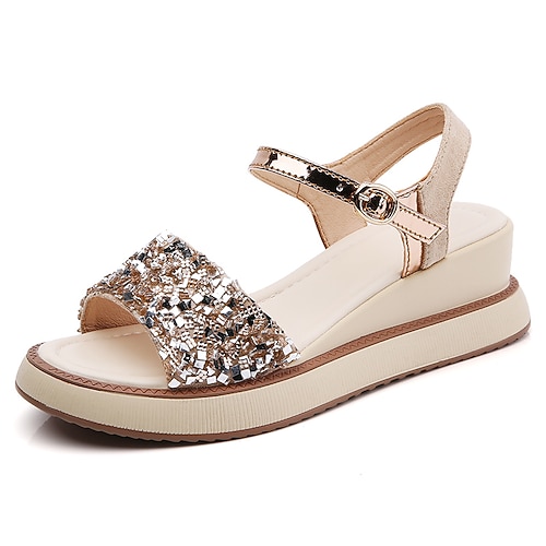 

Women's Sandals Wedge Sandals Comfort Shoes Sparkly Sandals Sequin Platform Wedge Heel Open Toe Elegant Casual Minimalism Daily Work PU Leather Ankle Strap Spring Summer Solid Colored Black Gold