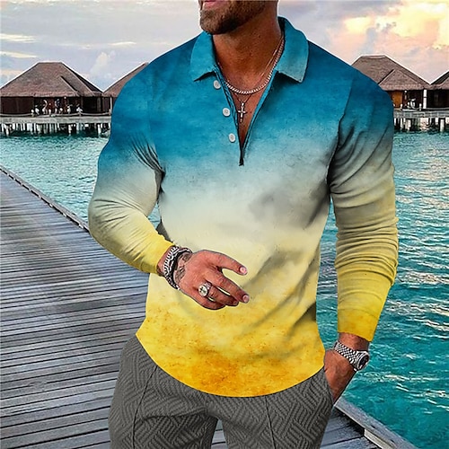 

Men's Collar Polo Shirt Golf Shirt Gradient Turndown Blue 3D Print Casual Daily Long Sleeve Button-Down Print Clothing Apparel Fashion Designer Casual Breathable / Sports
