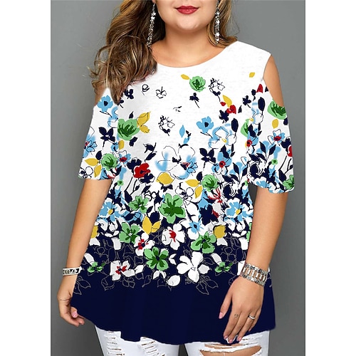 

Women's Plus Size Tops Blouse Shirt Floral Cut Out Print Short Sleeve Crewneck Streetwear Daily Going out Polyester Spring Summer Black Blue