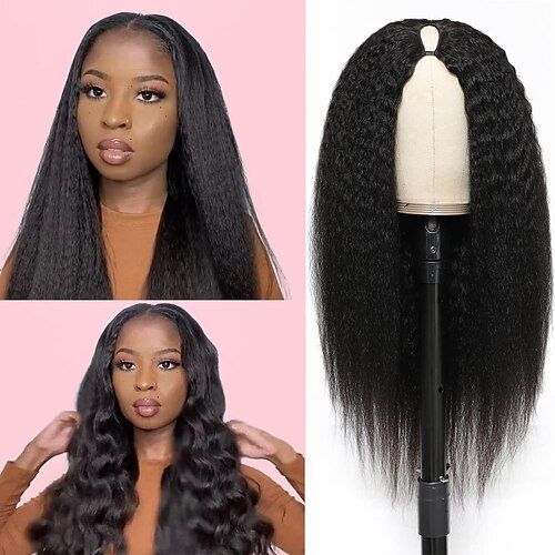 

Human Hair Wig kinky Straight Middle Part Natural Black Easy to Carry Women Easy dressing Machine Made Brazilian Hair Women's Natural Black #1B 12 inch 14 inch 16 inch Party / Evening Daily Wear