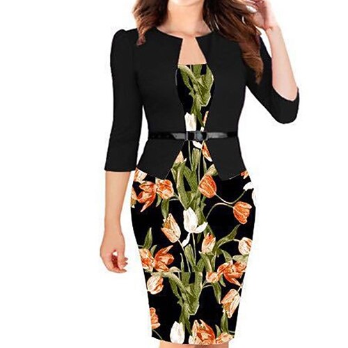 

Women's Bodycon Short Mini Dress Green Yellow Wine Dark Green Orange 3/4 Length Sleeve Floral With Belt Fake two piece Print Spring Summer Round Neck Stylish Elegant 2022 S M L XL XXL