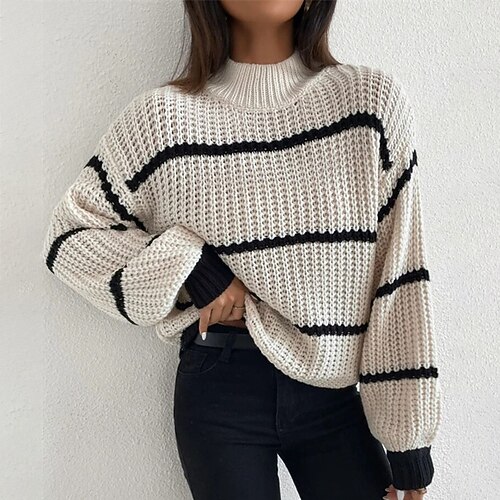 

Women's Sweater Jumper Knit Stripe Knitted Striped Turtleneck Stylish Casual Daily Going out Fall Winter White One-Size / Long Sleeve / Regular Fit