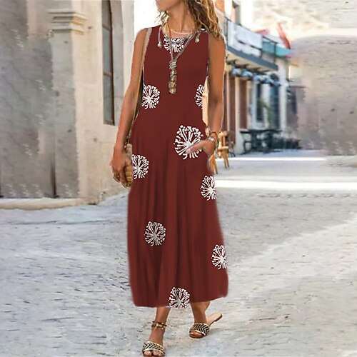 

Women's Shift Dress Maxi long Dress Red Sleeveless Floral Print Spring Summer U Neck Casual Vacation 2022 3XL