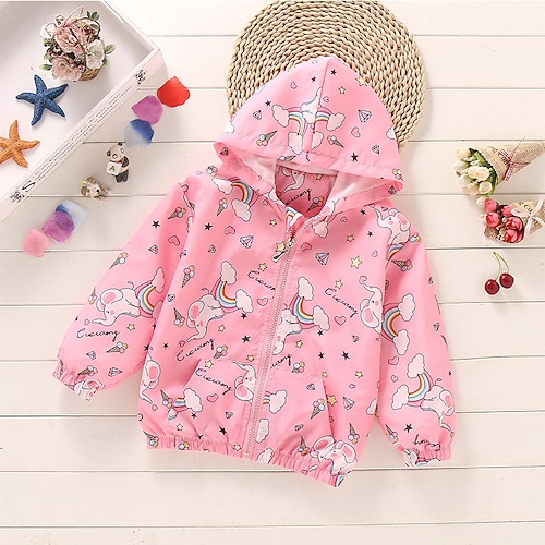 

Kids Girls' Coat Outerwear Animal Rainbow Long Sleeve Zipper Coat Daily Cotton Active Adorable Blue Pink White Fall Spring 2-8 Years