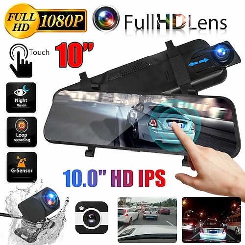 

1080P Rear View Dash Cam 9.66 Inch Touchscreen Car DVR Video Recorder Front & Rear Dual Camera Driving Recorder 170° Wide Angle Support Night Vision G-Sensor Loop Recording