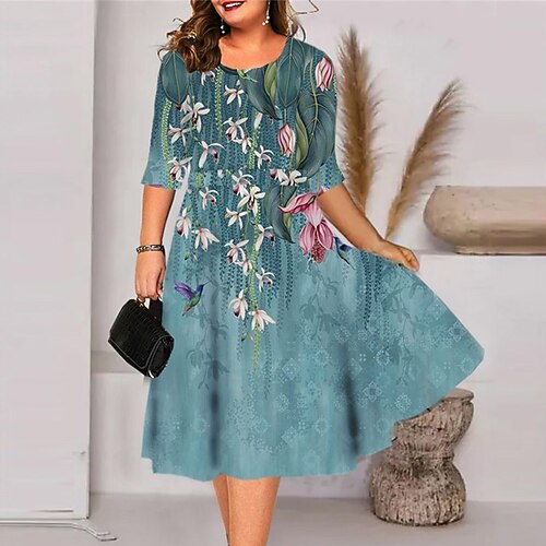 

Women's Plus Size Holiday Dress Floral Crew Neck Print Half Sleeve Fall Spring Work Knee Length Dress Holiday Date Dress