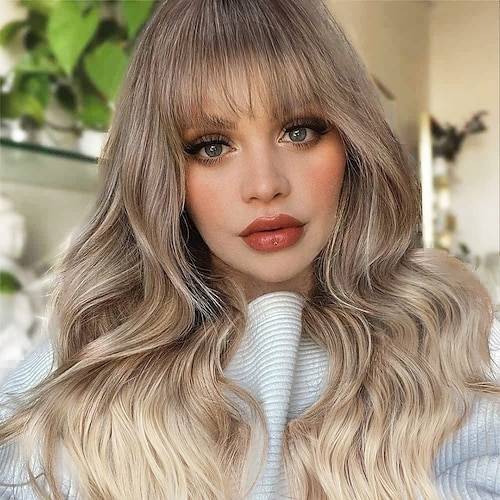 

Long Wavy Ombre Blonde Wigs with Bangs for Women Brown Mixed Blonde Synthetic Wig Natural Looking Heat Resistant Fiber Replacement Full Wigs for Daily Cosplay Use