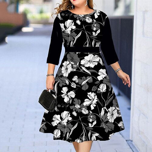 

Women's Plus Size Holiday Dress Floral Crew Neck Print 3/4 Length Sleeve Spring Fall Work Midi Dress Daily Vacation Dress