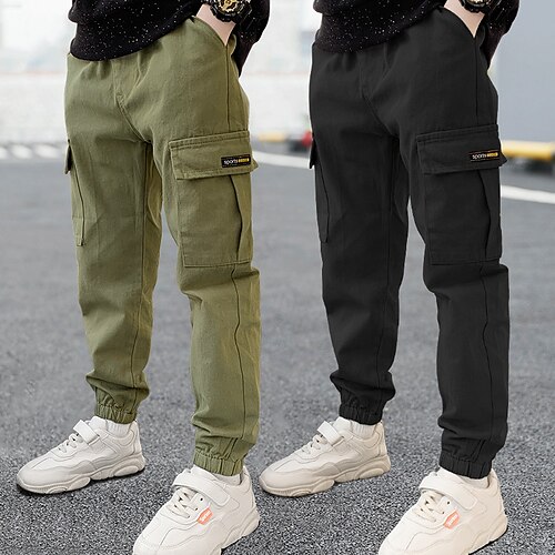 

Kids Boys Pants Black Army Green Khaki Letter Print Trouser with Pocket Casual 2-12 Years