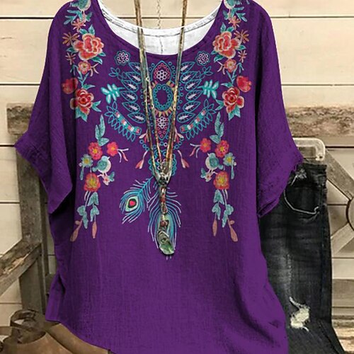 

Women's Plus Size Tops Blouse T shirt Tee Floral Print Short Sleeve Crewneck Streetwear Daily Weekend Polyester Spring Summer Black Blue
