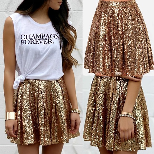 

Mulheres saia brilhante Mini Poliéster Dourado Saias Paetês Metálico Brilhante Cintilante Moda Fantasias de Carnaval Senhoras Casual / Diário S M L