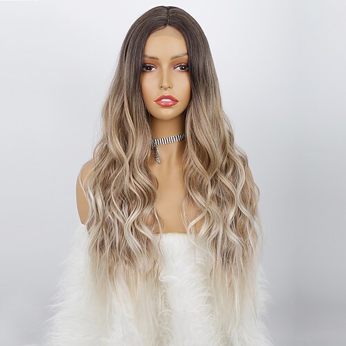 

Top Quality Vendor Heat Resistant Synthetic Fiber Lace Hair Wig Ombre Brown Dark Root Curly Long Body Wavy Women