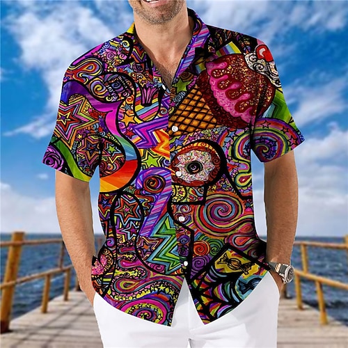 

Men's Shirt Graphic Shirt Abstract Turndown Rainbow Print Outdoor Street Short Sleeve Button-Down Print Clothing Apparel Fashion Cool Designer Casual / Summer / Spring / Summer