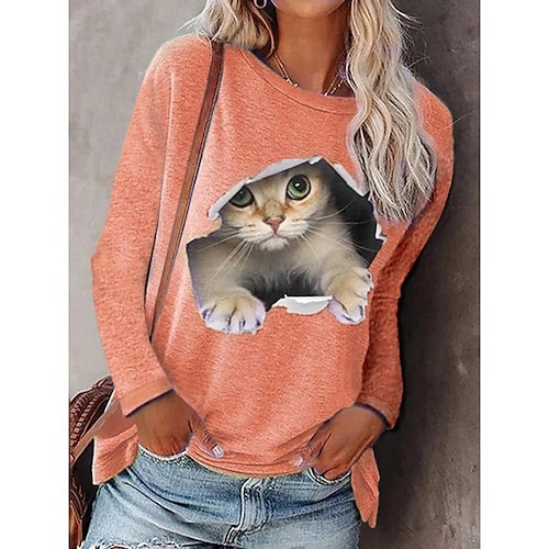 

Women's T shirt Tee Cat 3D Daily Weekend 3D Cat Painting T shirt Tee Long Sleeve Print Round Neck Basic Essential Light Blue Green White S