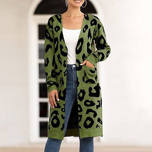 

Women's Cardigan Sweater Jumper Knit Pocket Knitted Leopard V Neck Stylish Casual Daily Going out Fall Spring Blue Army Green S M L / Long Sleeve / Regular Fit