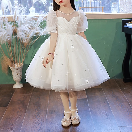 

Party Event / Party Princess Flower Girl Dresses Jewel Neck Knee Length Organza Spring Summer with Pearls Crystals Cute Girls' Party Dress Fit 3-16 Years