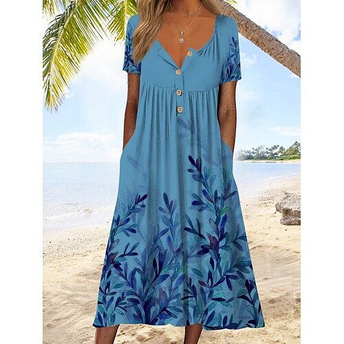 

Damen Casual kleid Etuikleid Grün Blau Purpur Kurzarm Blumen Bedruckt Frühling Sommer V Ausschnitt Wochenende Lockere Passform 2022 S M L XL XXL 3XL