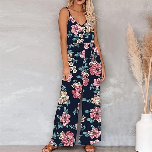 

Mujer Mono Acordonado Estampado Floral Escote en Pico Ropa de calle Calle Diario Ajuste regular Sin Mangas Azul Piscina Blanco Negro S M L Primavera