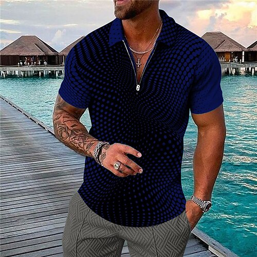 

Men's Collar Polo Shirt Golf Shirt Gradient Turndown Blue 3D Print Casual Daily Short Sleeve Zipper Print Clothing Apparel Fashion Designer Casual Breathable / Sports